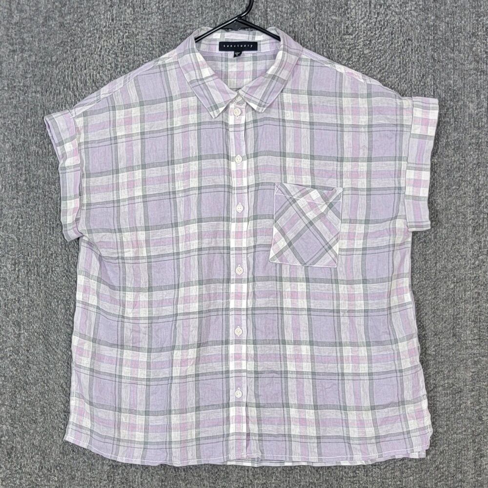 Sanctuary Blouse Womens S Lavender Plaid Linen Blend Oversized Boyfriend Shirt